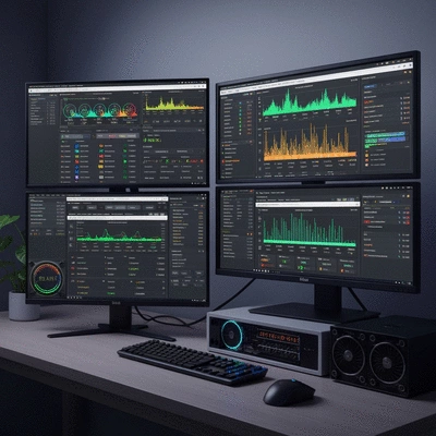 Modern computer setup with multiple monitors displaying bitcoin mining software interfaces, clean, professional, no text, no words, no typography, 8K