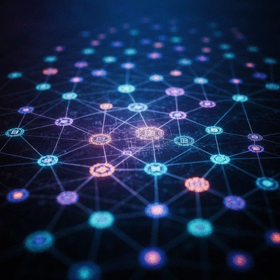 Intricate network of glowing nodes and connections, representing secure blockchain technology behind Bitcoin.