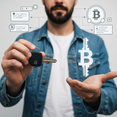 Person holding a physical key and a digital key symbol for Bitcoin wallet recovery
