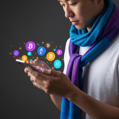 Person using a mobile phone to manage cryptocurrency, with digital assets represented by floating icons around the screen, vibrant blue and purple hues, clean image, no text, no words, no typography, 8K