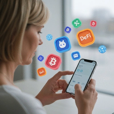 Person using a Bitcoin wallet on a smartphone, with DeFi and NFT icons floating around, clean image, no text