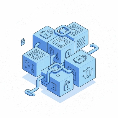 Illustration of blockchain security with cryptographic elements like digital locks and interconnected blocks, no text, no words, no typography, no labels, clean image