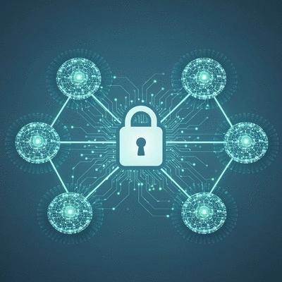 Conceptual image of a private blockchain network with a padlock icon and interconnected nodes, representing restricted access and secure data