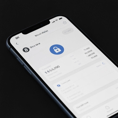 Digital Bitcoin wallet interface on a smartphone, displaying balance and transaction history, with a secure lock icon