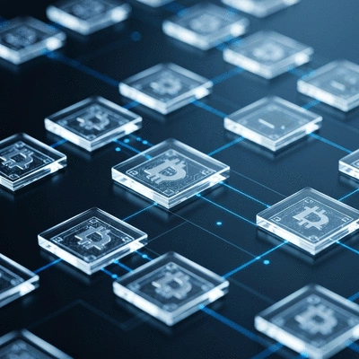 Illustration of Bitcoin transactions being added to a blockchain ledger, showing transparency and security, no text, no words, no typography