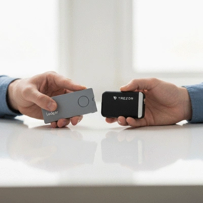 User comparing Ledger and Trezor hardware wallets on a table with digital currency graphics