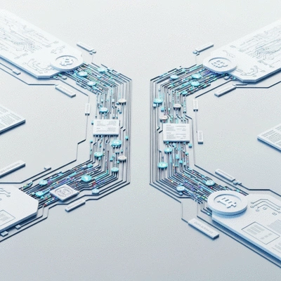 Abstract representation of a blockchain splitting into two paths, symbolizing a fork, clean image, no text, no words, no typography