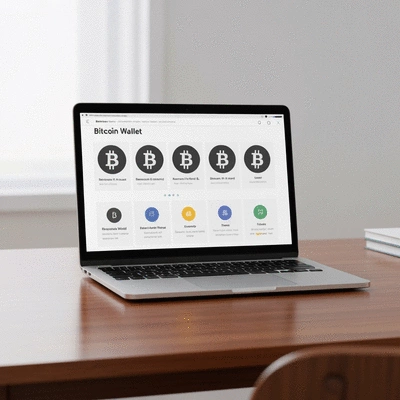 User researching Bitcoin wallet options on a laptop, clean image