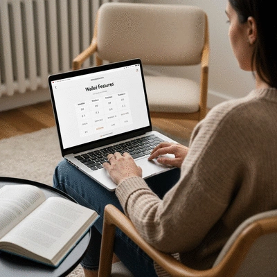 Person researching Bitcoin wallet features on a laptop