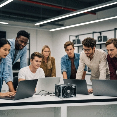 Diverse group of people collaborating on laptops, symbolizing a mining pool