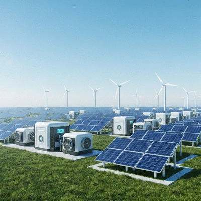 Futuristic image of cryptocurrency mining operations with green energy sources