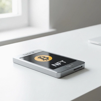 Modern hardware wallet on a clean desk, digital interface showing Bitcoin and NFT logos, clean image, no text