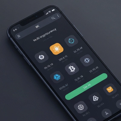 Modern multi-cryptocurrency wallet interface on a smartphone, displaying various crypto assets and a clean design, no text, no words, no typography, 8K