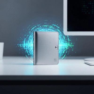 A sleek hardware Bitcoin wallet on a minimalist desk, surrounded by abstract digital security elements