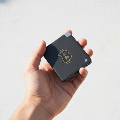 Close-up of a hardware wallet for Bitcoin cold storage, held securely in a hand, no text, no words, no typography, no labels, clean image