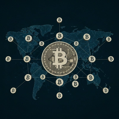 Conceptual image of decentralized finance with Bitcoin symbols, global network, no text, no words, no typography, 8K