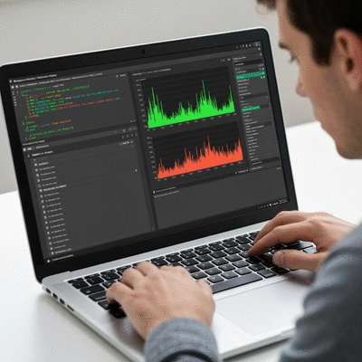 User configuring bitcoin mining software on a laptop, close-up on screen with code and graphs, focused, analytical, no text, no words, no typography, 8K
