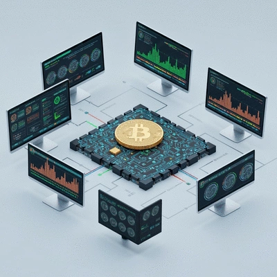 Illustration of Bitcoin mining process with interconnected computers and blockchain blocks