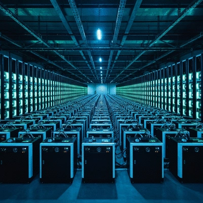 A secure cryptocurrency mining farm with rows of ASIC miners