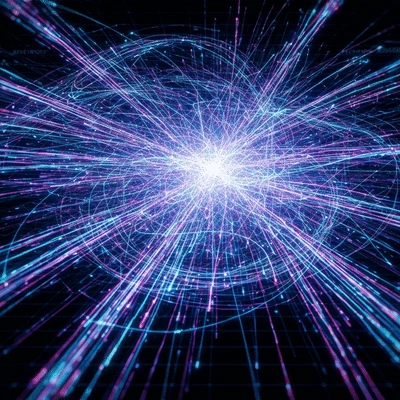Digital representation of Bitcoin transactions flowing through a network, with varying speeds and costs depicted by light trails
