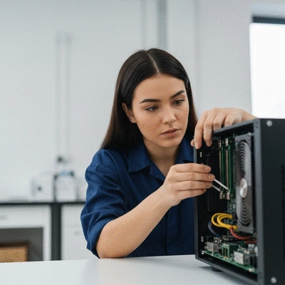 Person performing routine checks on a Bitcoin mining rig, ensuring optimal performance