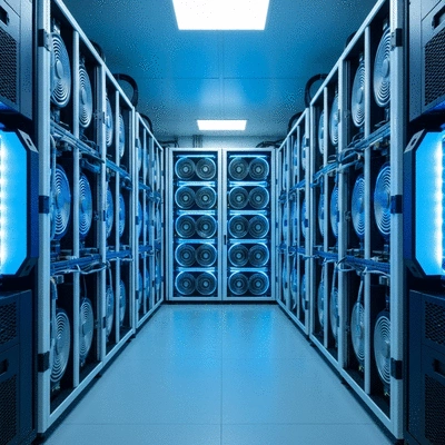 Modern Bitcoin mining rig with multiple ASIC miners in a server room, glowing blue lights, no text, no words, no typography, clean image