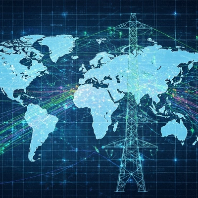 Illustration of global energy consumption with blockchain network overlay