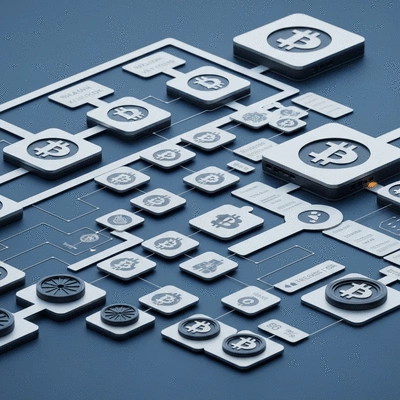 Detailed illustration of Bitcoin mining process with blockchain and transaction validation symbols