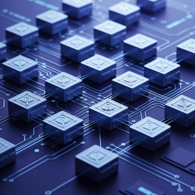 Stylized representation of blockchain technology with interconnected blocks and data flow