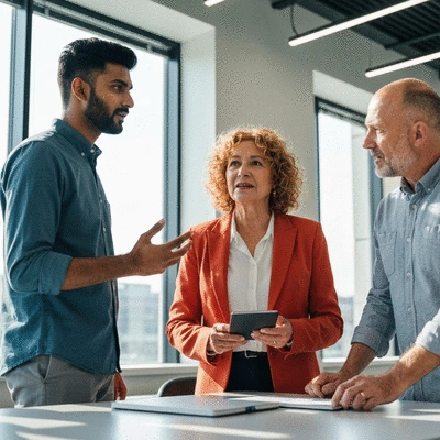 Diverse group of people discussing cryptocurrency in a modern setting