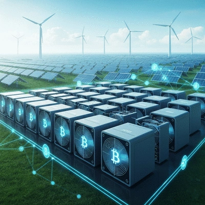 Illustration of future trends in Bitcoin mining, showing renewable energy sources, efficient hardware, and secure network