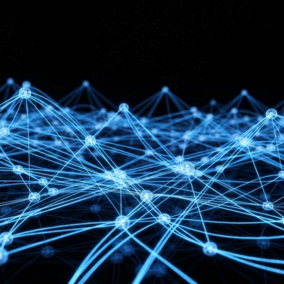 Abstract representation of a decentralized network with interconnected nodes, glowing lines, and data flow