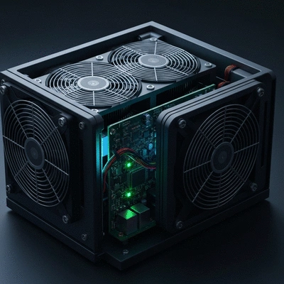 Bitcoin mining hardware with glowing circuits and cryptocurrency symbols