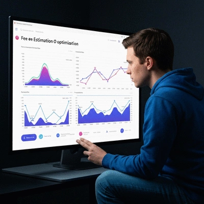 A person looking at a screen displaying charts and graphs related to cryptocurrency fees, representing fee estimation