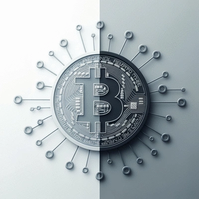 Conceptual image of Bitcoin and blockchain elements merging