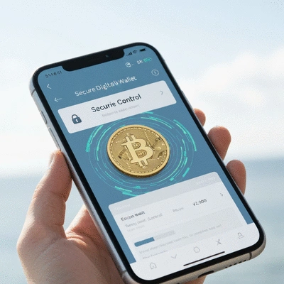 Secure digital wallet interface on a smartphone with Bitcoin graphics, emphasizing control