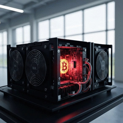 Bitcoin mining rig with glowing components in a data center