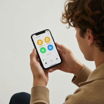 Person interacting with a cryptocurrency wallet on a smartphone, displaying Bitcoin symbols and secure transaction icons