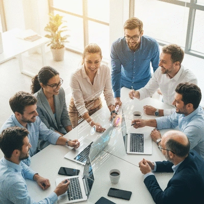 Modern business team collaborating, with digital overlays representing smart contract automation and data flow