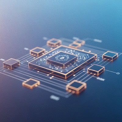 Digital representation of a smart contract on a blockchain ledger, with glowing lines connecting blocks