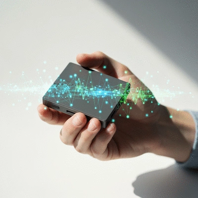 Close-up of a hand holding a hardware wallet, with digital security elements projected around it, representing secure cryptocurrency storage