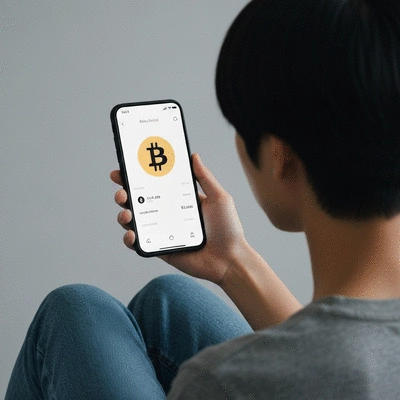 Person using a modern, minimalist Bitcoin wallet app on a smartphone