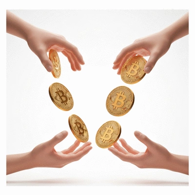 Digital representation of cryptocurrency coins flowing between two hands, illustrating a secure transaction, no text, no words, no typography