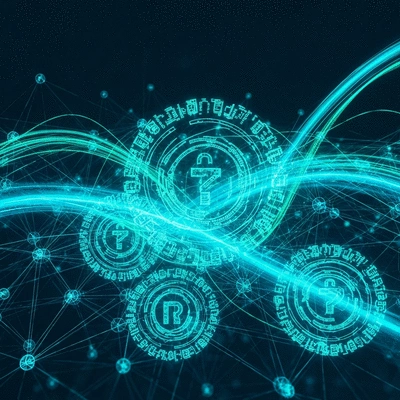 Abstract depiction of cryptographic symbols and secure data flow on a digital network, no text, no words, no typography