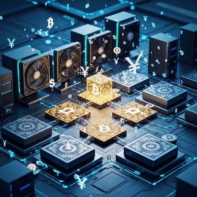 Detailed illustration of Bitcoin mining process, showing computers, blockchain blocks, and currency symbols