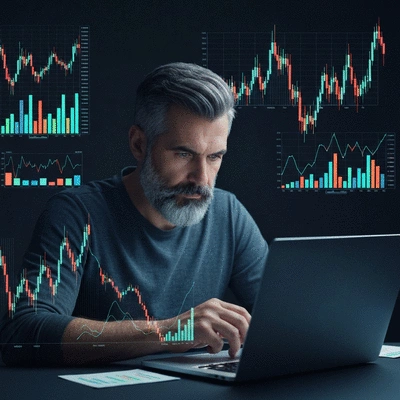 Person conducting research on a laptop, surrounded by cryptocurrency related charts and graphs, clean image, no text, no words, no typography, 8K