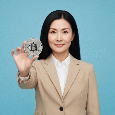 Person holding a transparent digital coin with a Bitcoin symbol, representing financial freedom and control over assets.