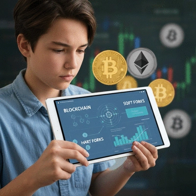 Person using a tablet to interact with a blockchain interface, showing concepts of hard and soft forks, clean image, no text, no words, no typography