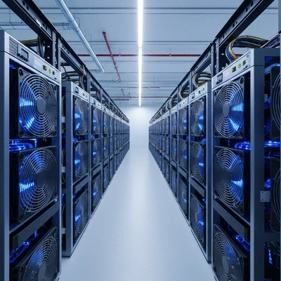 Modern data center with rows of mining equipment