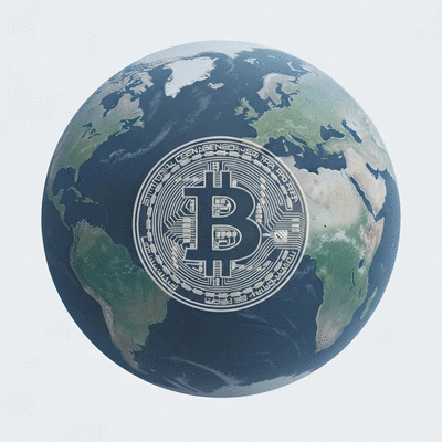 Bitcoin logo with a globe in the background, symbolizing global reach and decentralization, no text, no words, no typography, clean image